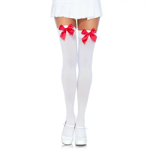 Leg Avenue Nylon Thigh Highs with Bow 6255 White-Red S/M/L