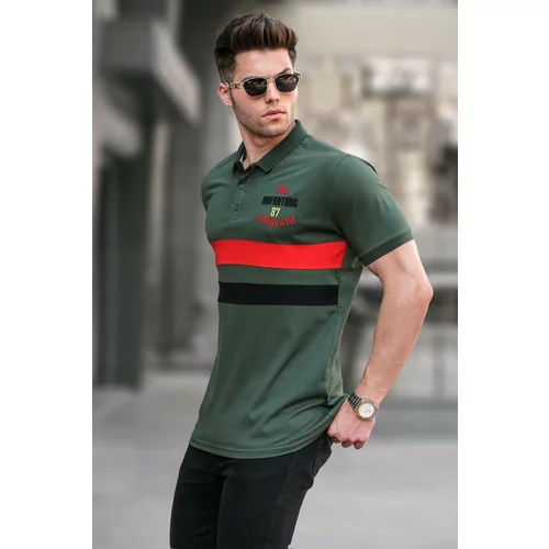 Madmext Khaki Green Embroidered Polo Neck T-Shirt 5868