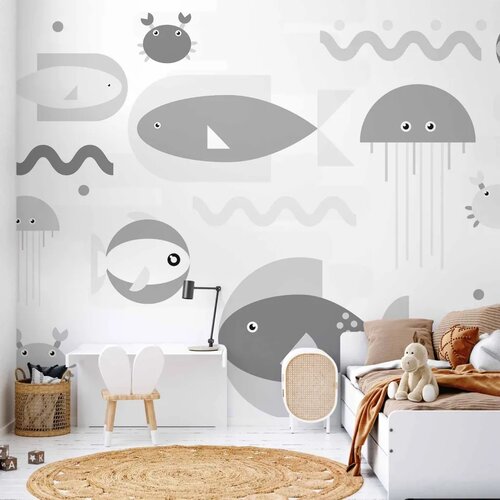  Foto tapeta - Minimalist grey ocean - geometric fish in water for children 490x350 Samoljepljiva Cijene