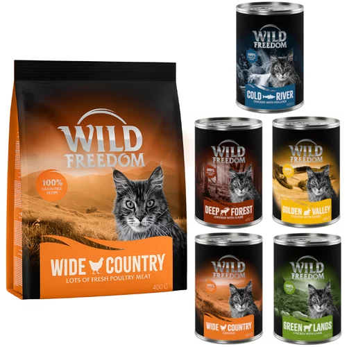 Wild Freedom mokra hrana 12 x 400 g + suha hrana 400 g po posebni ceni! - Mešano pakiranje I (4 x piščanec, 2x losos, 2x jagnjetina, 2x zajec, 2x divjačina) + perutnina - brez žit