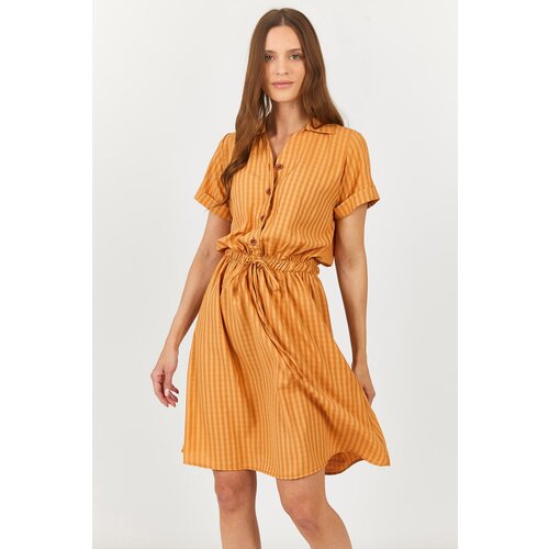 armonika Women's Camel Patterned Elastic Waist Short Sleeve Shirt Dress for Women Slike