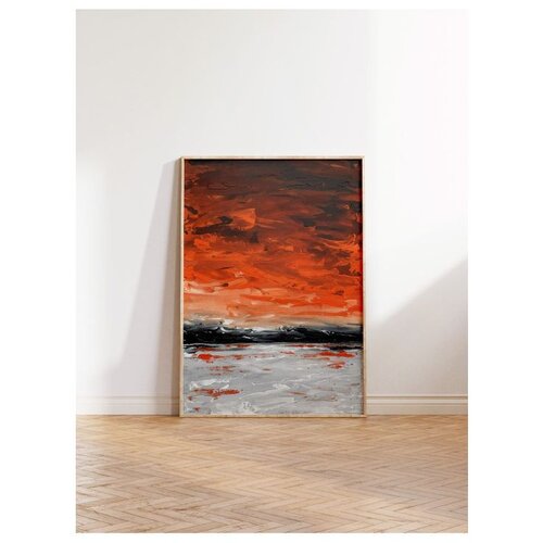 Wallxpert uramljena slika 115217, apstraktni zalazak sunca nad morem u narandžastim tonovima, 50 x 70 cm, ram u boji prirodnog drveta Slike