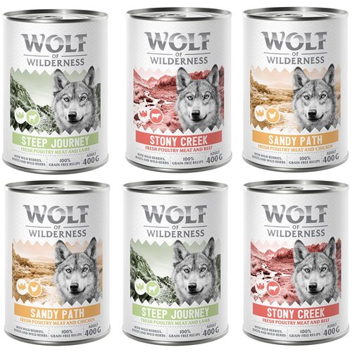  10% popust! Mokra pasja hrana Wolf of Wilderness me&scaron;ana pakiranja - 6 x 400 g: Adult - z veliko sveže perutnine me&scaron;ano pakiranje Cijene