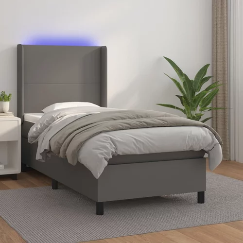 vidaXL Krevet box spring s madracem LED sivi 100x200cm od umjetne kože