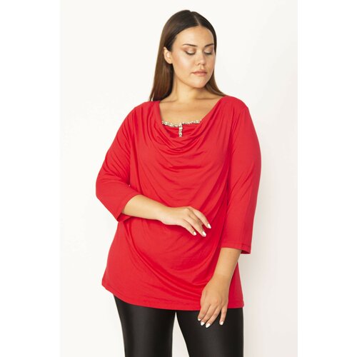 Şans Women's Plus Size Red Low Collar Stone Detailed Capri Sleeve Blouse Slike