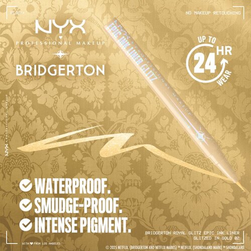NYX Professional Makeup Bridgerton Royal Epic Ink Liner ble&amp;scaron;čeče črtalo za oči odtenek 02 Glitzed In Gold 1 ml Slike