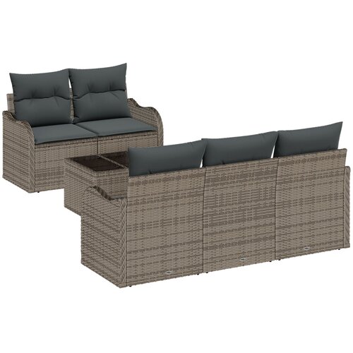 VidaXL 6-dijelni vrtni set sofa s jastučićima siva poli ratan, 2-sjedalna vrtna sofa s prostorom za pohranu i jastučićima siva poli ratan Slike