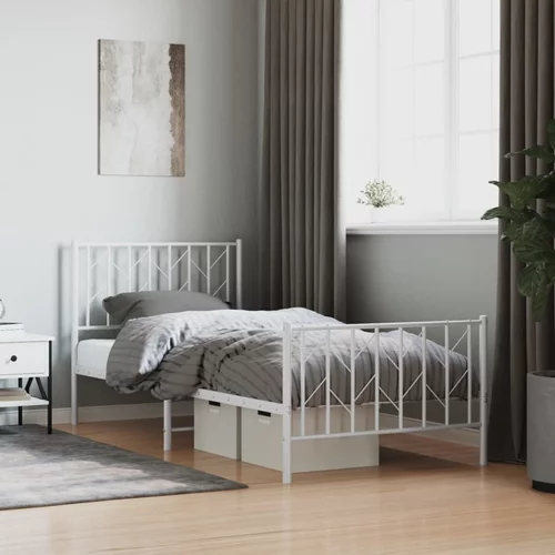 vidaXL Kovinski posteljni okvir z vzglavjem in vznožjem bel 90x200 cm
