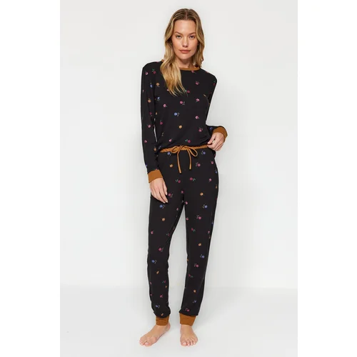 Trendyol Black Floral Tshirt-Jogger Knitted Pajamas Set