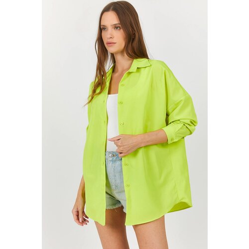 armonika Women's Neon Green Oversize Long Basic Shirt Slike