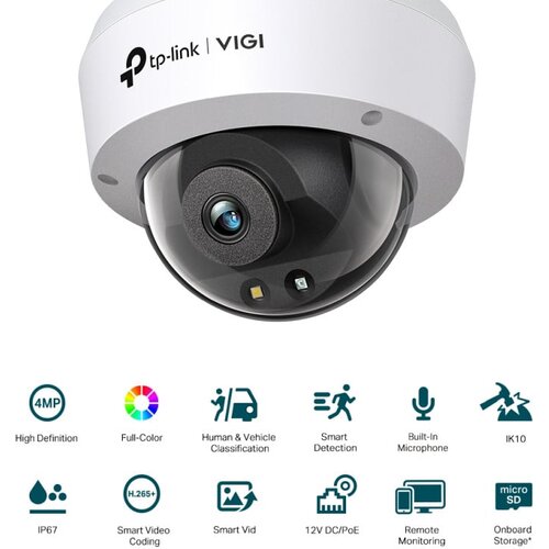 Tp-link vanjska IP Dome Full color HD kamera, H.265+ video, 4MP, 2.8mm leća, RJ45, PoE, microSD, Night Vision, detekcija pokreta, vodootporna IK10/IP67, VIGI app Cijene