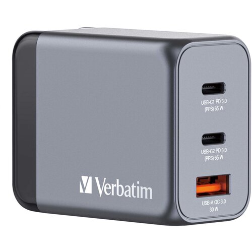 Verbatim GNC-64 GaN Charger 65W 2xUSB-C PD, 1xUSB-A QC 3.0 32201 Slike