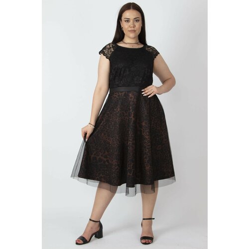 Şans Women's Black Dress with Lace Skirt on the Outside and Tulle on the Inside with Leopard Pattern Detail Slike