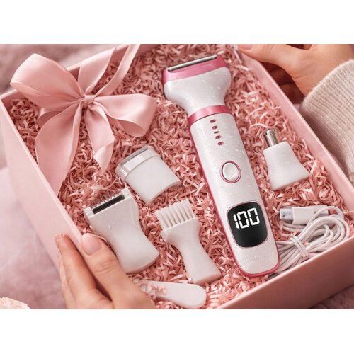  5v1 brezžični aku. LCD epilator in brivnik dlačic za telo USB roza Slike