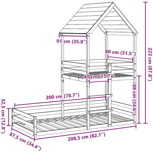 Krevet na kat s krovom bijeli 80 x 200 cm od masivne borovine Slike