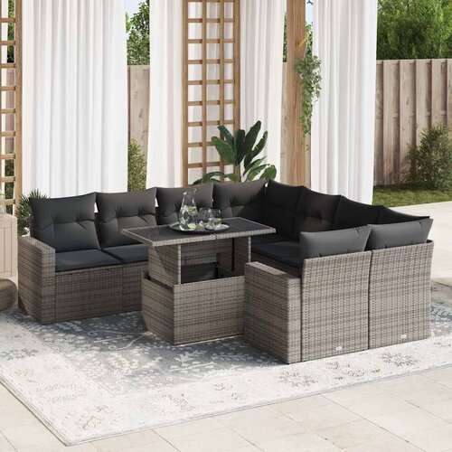VidaXL 9-dijelni set vrtnih sofa od poliratana s jastucima sivi Slike