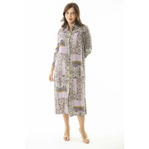 Şans Women's Plus Size Lilac Woven Viscose Fabric Front Buttoned Long Dress Slike