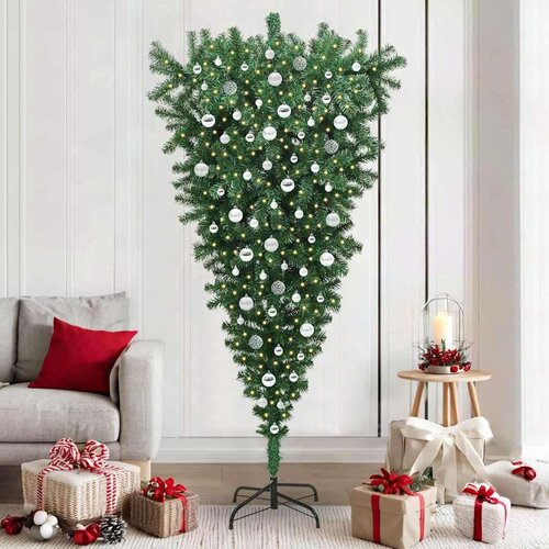 vidaXL Obrnuta umjetna božićna jelka s setom kuglica Zelena 210 cm PVC Cene