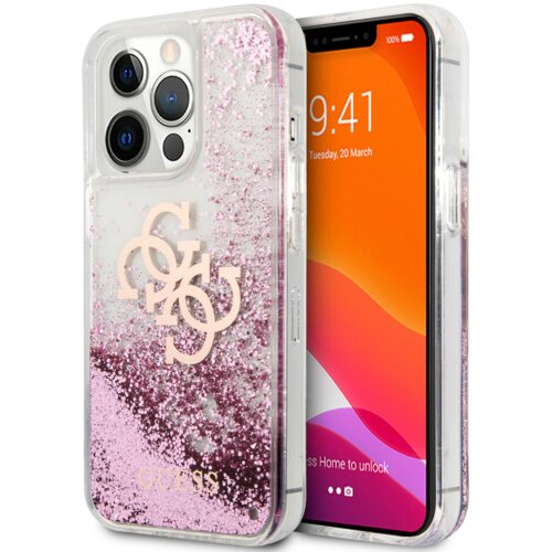 Guess GUHCP13LLG4GPI silikonski ovitek za iPhone 13 Pro - prozoren z roza ble&amp;scaron;čicami Slike