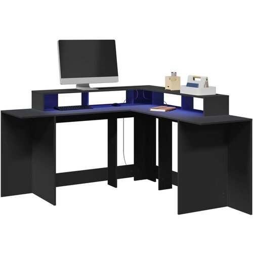 vidaXL Pisalna miza z LED lučkami črna 152x152x91 cm inženirski les Cene