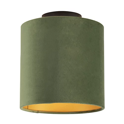 QAZQA Stropna svetilka z velur odtenkom zelena z zlatom 20 cm - kombinirana črna