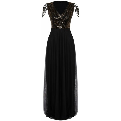 Trendyol Black Tulle Sequined Long Elegant Evening Dress Slike