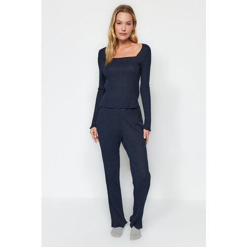 Trendyol Navy Blue Square Collar Lettuce Detailed Camisole Tshirt-Pants Knitted Pajamas Set Slike