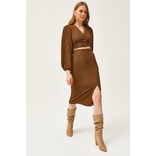 Olalook Women's Brown Slit Skirt Knitted Suit Cene