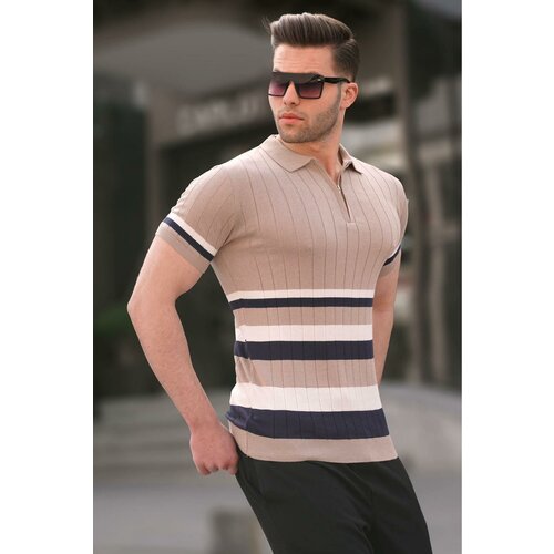Madmext Striped Knitwear Mink Polo Neck T-Shirt 6356 Slike