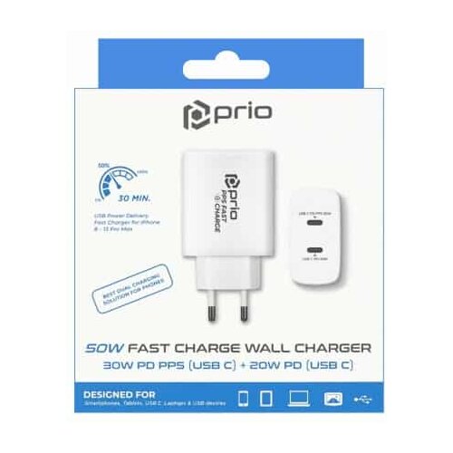 Prio 50W zidni punjač za brzo punjenje 30W PD PPS (USB C) + 20W PD (USB C) bijeli Cijene