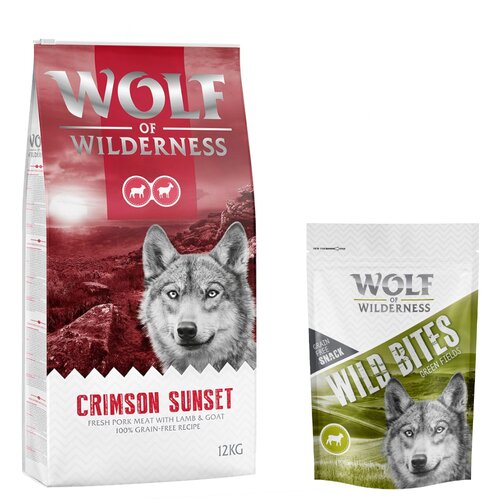 Wolf of Wilderness 12 kg suhe hrane + Snack gratis! - &amp;quot;Crimson Sunset&amp;quot; jagnjetina &amp;amp; koza - brez žit + Green Fields - jagnjetina (monoprotein) Slike