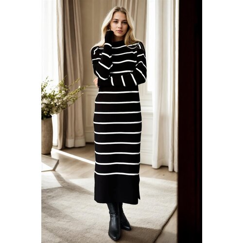 Dewberry Z3059 Womens Striped Long Sleeve Knitwear Dress-BLACK Cene
