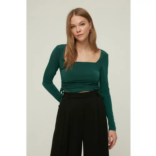 Trendyol Emerald Green Square Neck Pleated Knitted Blouse