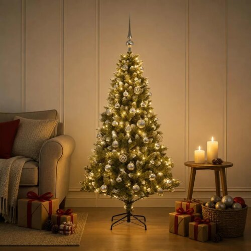  Umjetno božićno drvce s kuglicama 120 cm 150 LED lampica - 120 cm s LED-ima i srebrnim lopticama Cene