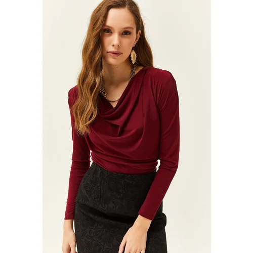 Olalook Women's Burgundy Waistband Pleated Turndown Collar Blouse