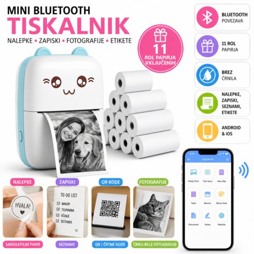 Mini Bluetooth termalni tiskalnik za nalepke, fotografije in zapiske | 11 rol papirja | Android &amp;amp; iOS Slike