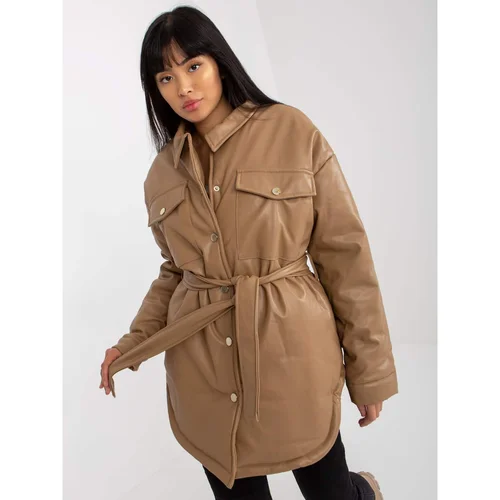 Fashion Hunters Camel down jacket made of eco-leather with a belt