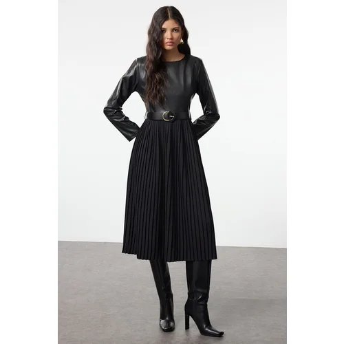 Trendyol Black Belted Faux Leather Pleated A-Line Midi Woven Dress