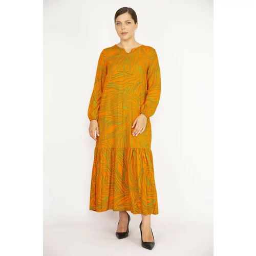 Şans Women's Orange Plus Size Woven Viscose Fabric Tiered Long Sleeve Dress