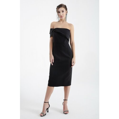 Lafaba Women's Black Double Bandage One-Shoulder Midi Evening Dress Slike