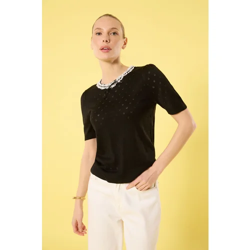 Trendyol Black Crew Neck Lace Detailed Openwork Knit Blouse