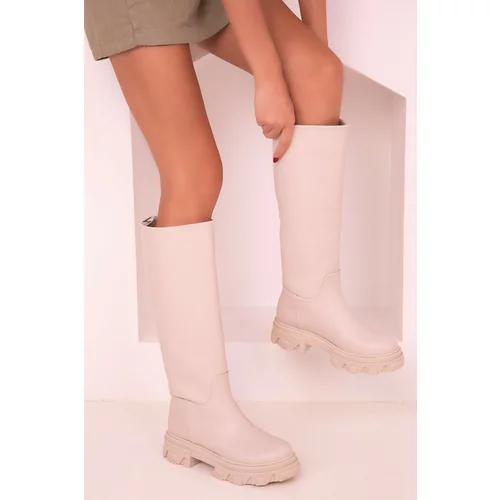 Soho Knee-High Boots - Beige - Block