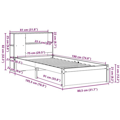 VidaXL Krevet s regalom za knjige bez madraca 75x190 cm borovina Slike