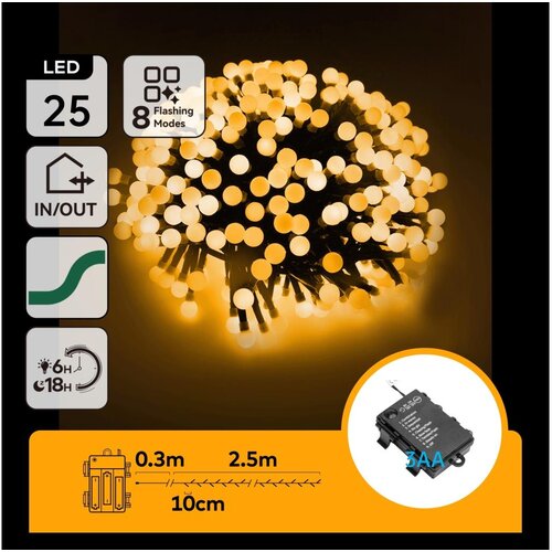 Aigostar LED spoljni božićni niz 25xLED/8 režima 3xAA 2,8m IP44 topla bela Cene