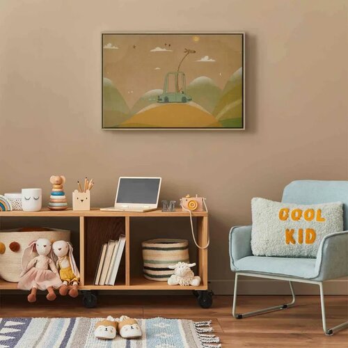  Slika - Dreamy Traveler - A Cheerful Giraffe Driving a Car on a Sunny Day 120x80 U prirodnom drvenom okviru Slike