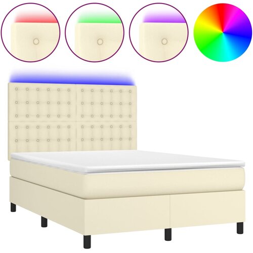  Krevet box spring s madracem LED krem 140x200cm od umjetne kože Slike
