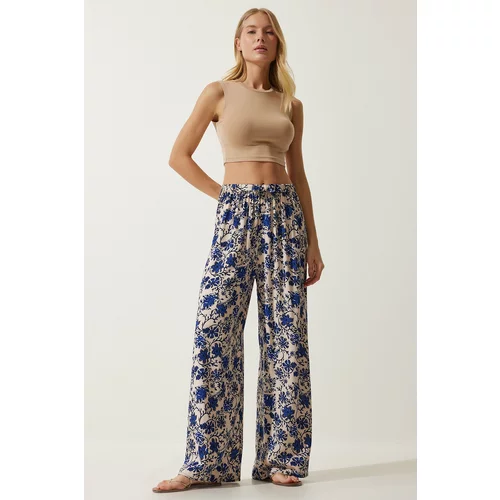 Happiness İstanbul Women's Cream Blue Patterned Flowy Viscose Palazzo Trousers