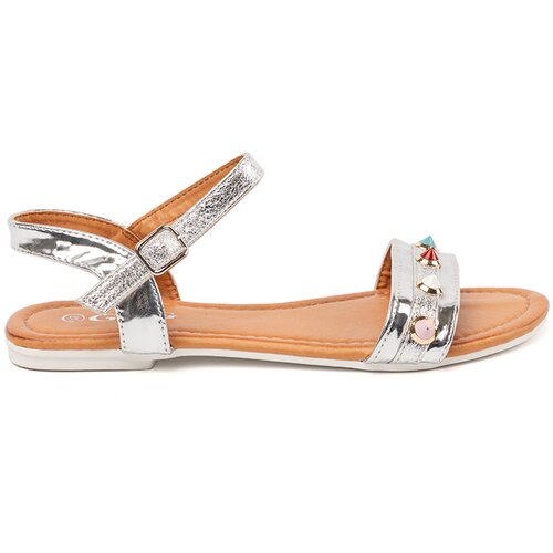 Shelvt Silver flat sandals with colorful studs Cene