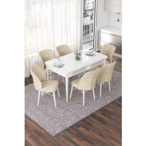 Hanah home nef - white, cream whitecream extendable dining table & chairs set (7 pieces) Cene