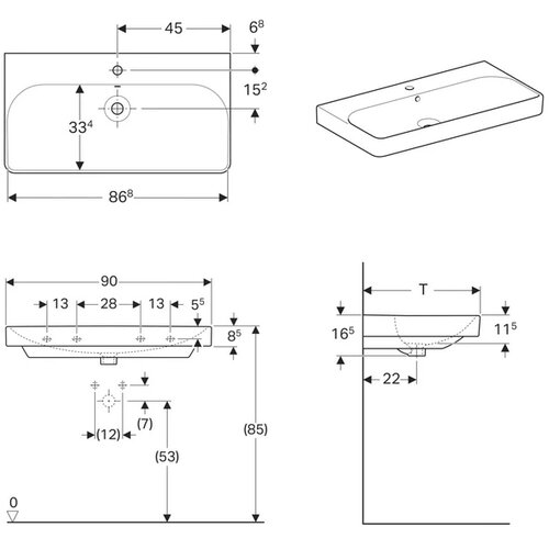 Geberit 500.251.01.1 Smyle Square 90 x 48 cm keramični umivalnik z odprtino za armaturo Slike